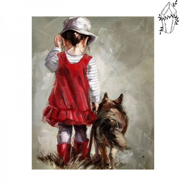 Broderie diamant Jeune fille rouge avec son chien