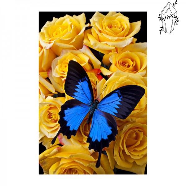 Broderie diamant Papillon Bleu & Fleurs Jaunes